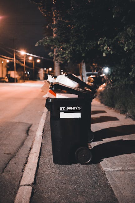 A black wheelie bin with the label 'St. John’s' positioned on a sidewalk curbside at night, filled with assorted waste including cardboard boxes and paper. The bin is situated in an outdoor urban environment, with the paved pavement, associated wheels, and a small shadow cast by nearby street lighting visible. Behind the bin, a row of trees and dense bushes line the right side of the sidewalk, while on the left, a quiet street extends into the distance illuminated by warm streetlights, which create a subtle glow and long shadows on the pavement. The scene suggests a typical rubbish disposal point in a residential or semi-urban area where independent waste collection or private rubbish handling might occur, especially outside regular council refuse collections. The overall lighting is warm with a slightly subdued atmosphere, emphasizing the bin’s position in a street setting during the evening or night, fitting within the context of waste management and rubbish removal services offered by companies like Waste Collection Docklands.